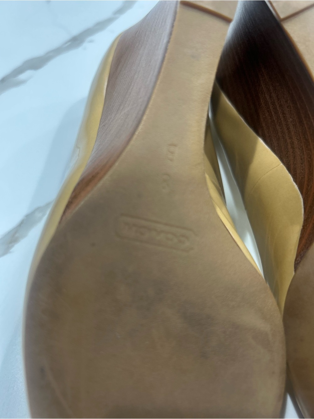 Coach Elora Patent Leather Peep-Toe Pumps in Camel/Tan with Logo Hardware - Picture 8 of 8